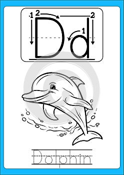 Alphabet exercise with cartoon vocabulary for coloring book illustration, vector