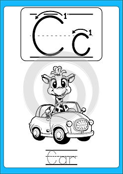 Alphabet exercise with cartoon vocabulary for coloring book illustration, vector