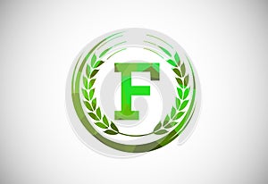 Alphabet F sign with a wheat wreath. Polygonal low poly organic wheat farming logo concept. Agriculture logo design vector