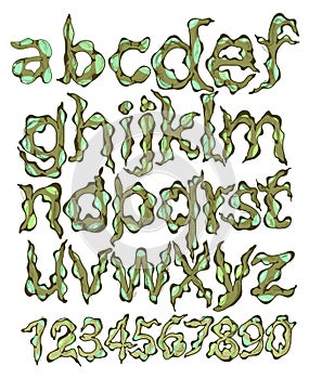 Alphabet and figures, green cartoon