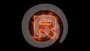 Alphabet in flames - letter R on fire - drawn with laser beam on black background