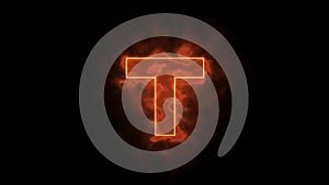 Alphabet in flames - letter T on fire - drawn with laser beam on black background