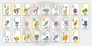 Alphabet flashcards with animals for preschool learning. English letters for kids. Cartoon style ABC vector cards