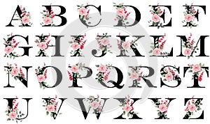 Alphabet with floral decoration. Capital letters with delicate spring flowers for postcards, text, congratulations, booklets,