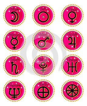 Astrology symbols. Planet signs and name labels. Pink gradient astrological sticker set of 12 round shape. Vector stock collection