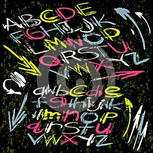 Alphabet font in graffiti style on a dark background