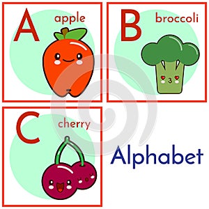 An alphabet with food characters, letters A to C. Cartoon  alphabet isolated on a white background. illustration photo