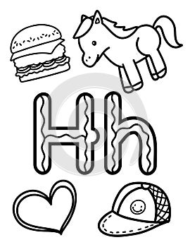 Alphabet H Coloring Page with cute animal, food, or transportation