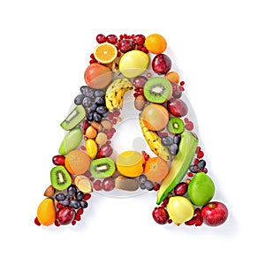 Alphabet of healthy food. Letter A made of many fruits. Red grape, kiwi, banana, citrus, berries, apple on white