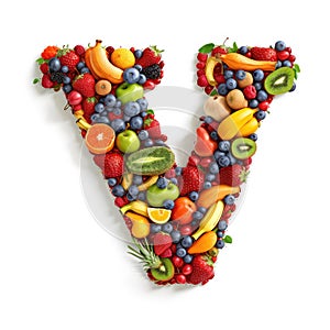 Alphabet of healthy food. Letter V made of different fruits. Green, red grape, kiwi, banana, citrus, berries, pineapple