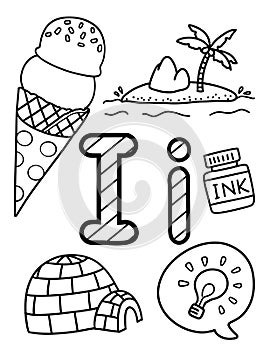 Alphabet I Coloring Page with cute animal, food, or transportation