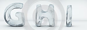 Alphabet ice. Letters G, H, I. Realistic ice 3d render.