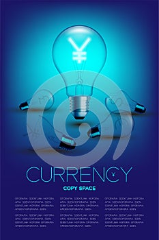 Alphabet Incandescent light bulb switch on set Currency JPY Japanese Yen with broken Euro, Pound and United States Dollars symbo