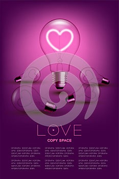 Alphabet Incandescent light bulb switch on set Love heart with broken valentine concept, illustration