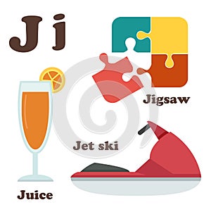 Alphabet J letter.Jet Ski,Jigsaw,Juice
