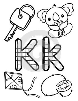 Alphabet K Coloring Page with cute animal, food, or transportation