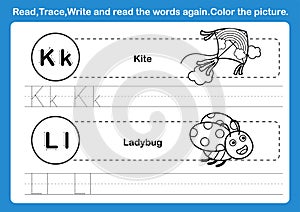 Alphabet K-L exercise with cartoon vocabulary for coloring book