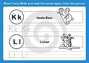 Alphabet K-L exercise with cartoon vocabulary for coloring book
