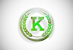 Alphabet K sign with a wheat wreath. Polygonal low poly organic wheat farming logo concept. Agriculture logo design vector