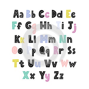 Alphabet for kids with capital and small letters. English abc in Scandinavian style