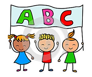 Alphabet kids.Cartoon kids holding alphabet banner.