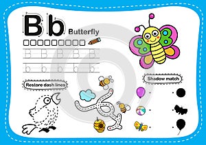 Alphabet Letter B- Butterfly exercise with cartoon vocabulary illustration