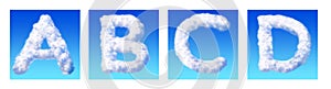 Alphabet letter A B C D made from clouds isolated on blue background