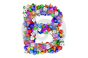 Alphabet letter B, from colored roleplaying dice. 3D rendering