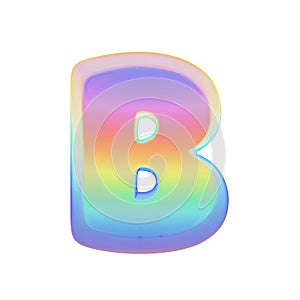 Alphabet letter B uppercase. Rainbow font made of bright soap bubble. 3D render isolated on white background.