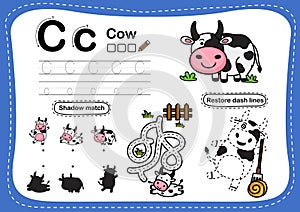 Alphabet Letter C-cow exercise with cartoon vocabulary