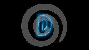 Alphabet letter D, neon blue with energy outline on black background
