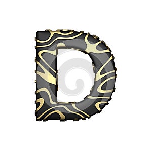 Alphabet letter D uppercase. Black carbonic font with yellow golden stains. 3D render isolated on white background.