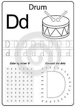 Writing letter D. Worksheet. Writing A-Z, alphabet, exercises game for kids.