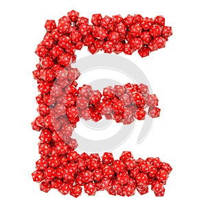 Alphabet letter E from red twenty-sided dice, 3D rendering