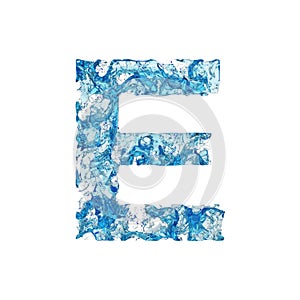 Alphabet letter E uppercase. Liquid font made of blue transparent water. 3D render isolated on white background.