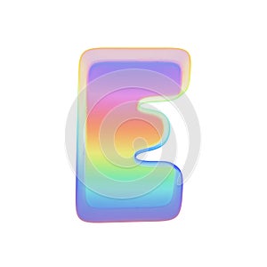 Alphabet letter E uppercase. Rainbow font made of bright soap bubble. 3D render isolated on white background.