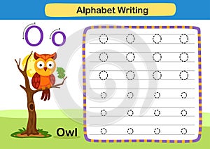 Alphabet Letter exercise O-Owl with cartoon vocabulary