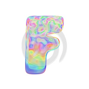 Alphabet letter F uppercase. Funny font made of colorful soap bubble. 3D render isolated on white background.