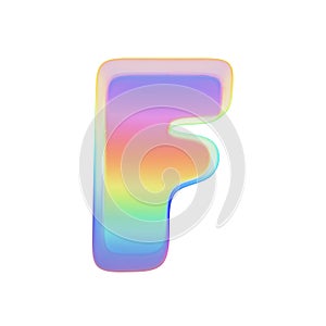 Alphabet letter F uppercase. Rainbow font made of bright soap bubble. 3D render isolated on white background.