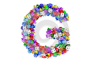 Alphabet letter G, from colored roleplaying dice. 3D rendering