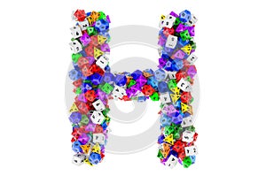 Alphabet letter H, from colored roleplaying dice. 3D rendering