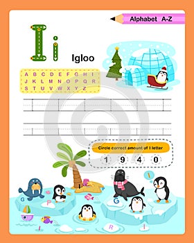 Alphabet Letter I - Igloo  exercise with cartoon vocabulary illustration