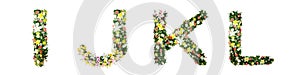 Alphabet letter I J K L made from colorful flowers isolated on w