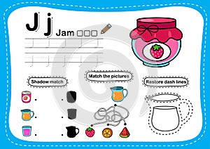Alphabet Letter J - Jam exercise with cartoon vocabulary illustration