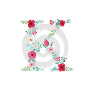 Alphabet letter K with flowers photo