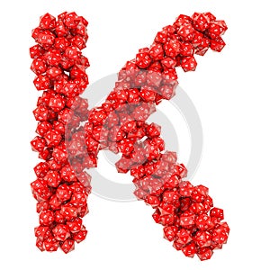 Alphabet letter K from red twenty-sided dice, 3D rendering