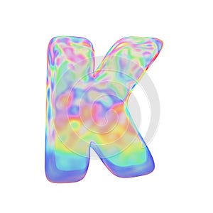 Alphabet letter K uppercase. Funny font made of colorful soap bubble. 3D render isolated on white background.