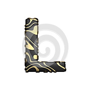 Alphabet letter L uppercase. Black carbonic font with yellow golden stains. 3D render isolated on white background.