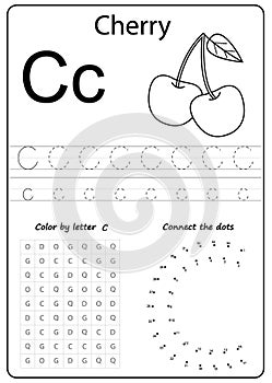 Writing letter C. Worksheet. Writing A-Z, alphabet, exercises game for kids.