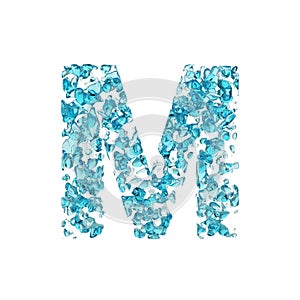 Alphabet letter M uppercase. Liquid font made of blue water drops. 3D render isolated on white background.